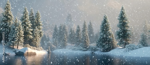 Serene winter landscape with snow-covered fir trees beside a tranquil river, gentle snowfall creating a peaceful atmosphere in soft blue and white tones. photo