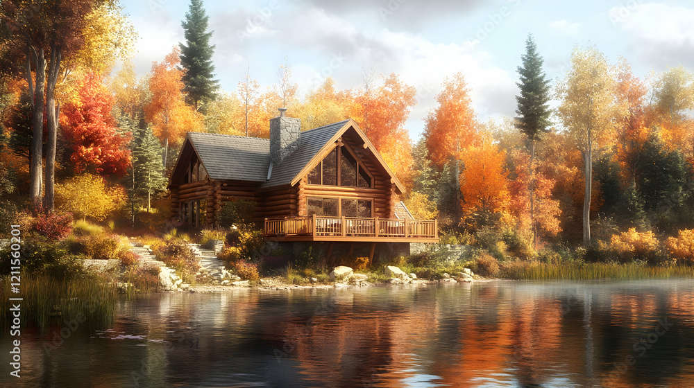Idyllic Log Cabin by the Lake in Stunning Autumn Colors Idyllic Log Cabin by the Lake in Stunning Autumn Colors