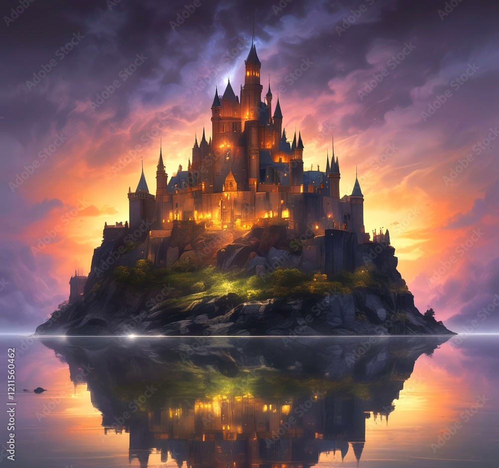 Obraz premium Illustration of glowing mystery tower castle in night.