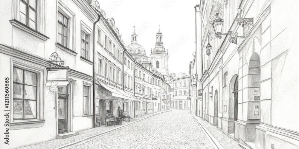 Obraz premium A Pencil Sketch Of A Charming European Street Scene