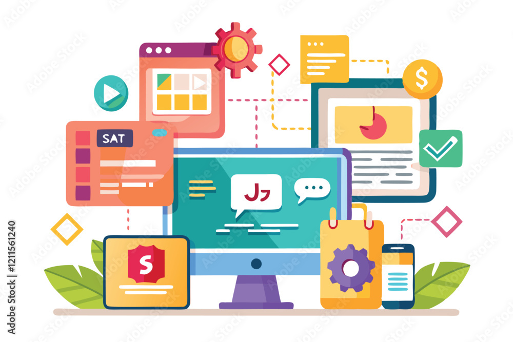A vibrant display of customizable frameworks showcasing web development tools and features in a digital workspace, Javascript frameworks Customizable Semi Flat Illustration A vibrant display of customizable frameworks showcasing web development tools and features in a digital workspace, Javascript frameworks Customizable Semi Flat Illustration