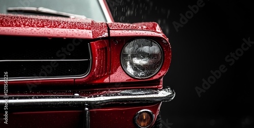 Close-up of a classic red car's front end, wet from rain.