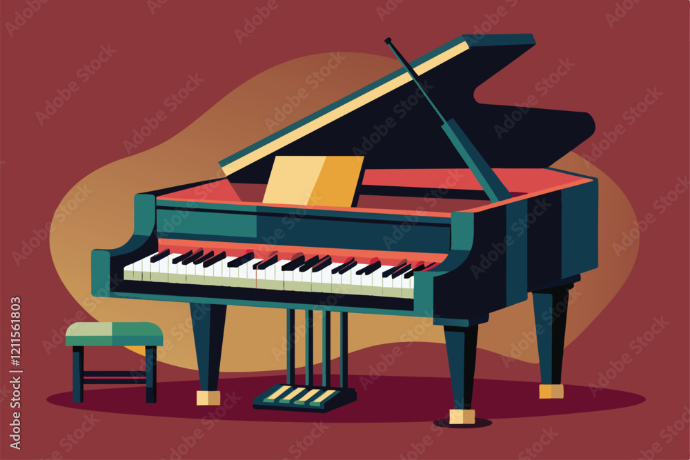 A sleek jazz piano sits poised for a performance, inviting creativity in a stylish indoor atmosphere, Jazz piano Customizable Flat Illustration A sleek jazz piano sits poised for a performance, inviting creativity in a stylish indoor atmosphere, Jazz piano Customizable Flat Illustration