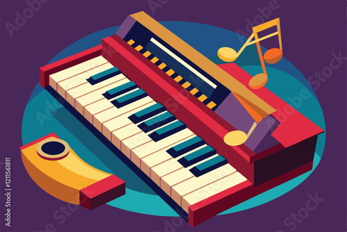 A colorful jazz piano features customizable keys alongside musical notes in a lively design, Jazz piano Customizable Flat Illustration