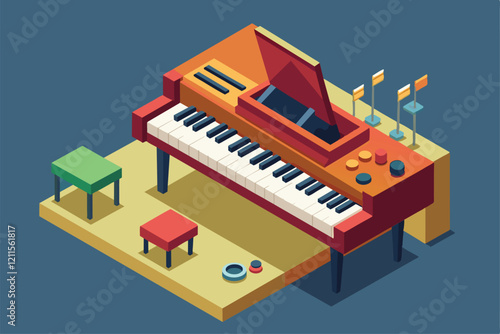 A vibrant isometric illustration of a jazz piano, stools, and music stands for a creative musical space, Jazz piano Customizable Isometric Illustration