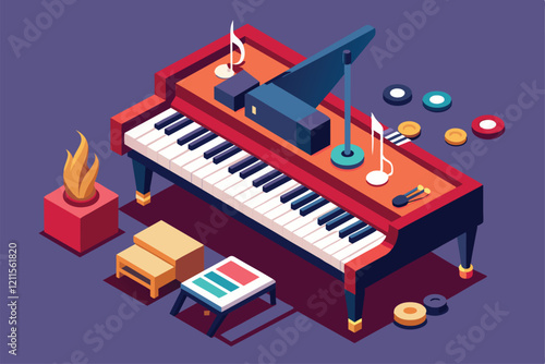 A stylish piano is set up with music notes, items for composing, and decorative elements in an inviting atmosphere, Jazz piano Customizable Isometric Illustration