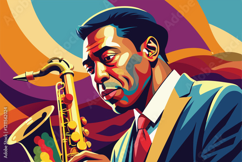 A skilled jazz saxophonist plays passionately amidst vibrant colors, captivating the audience in the evening, Jazz saxophonist Customizable Disproportionate Illustration