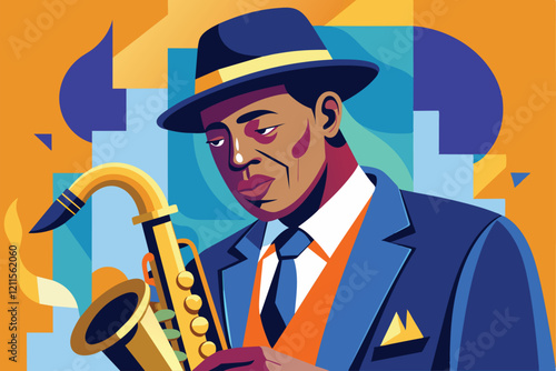 A skilled saxophonist enchants the audience with a soulful jazz performance in a vibrant, rhythmic setting, Jazz saxophonist Customizable Disproportionate Illustration