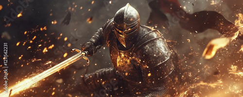 fierce armored knight battles amidst flames and chaos, wielding sword with determination. scene captures intensity of medieval warfare and valor of knight