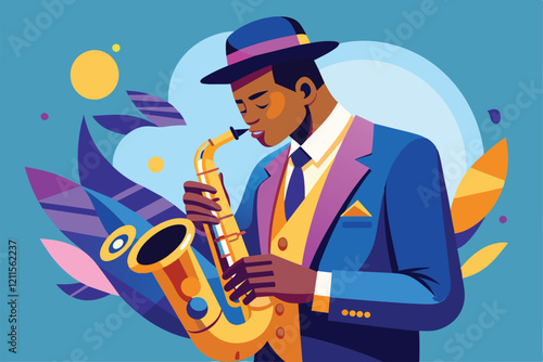 A talented saxophonist plays soulful jazz notes, surrounded by colorful patterns and a vibrant atmosphere, Jazz saxophonist Customizable Flat Illustration