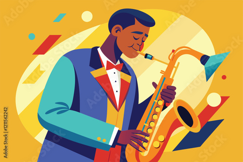 A jazz saxophonist joyfully performs, showcasing vibrant colors and energetic vibes in a lively setting, Jazz saxophonist Customizable Flat Illustration