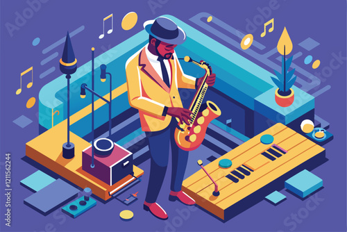 The saxophonist delivers an energetic performance in a colorful music studio, surrounded by instruments and decor, Jazz saxophonist Customizable Isometric Illustration