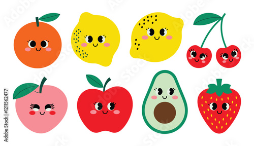 Fruits pins stickers , A set of cute fruits stickers design collectionsimple colorful, flat hand drawn childish doodle style
