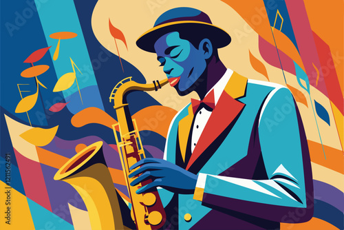 A skilled jazz saxophonist performs expressively, showcasing talent and passion in a vibrant atmosphere, Jazz saxophonist Customizable Semi Flat Illustration
