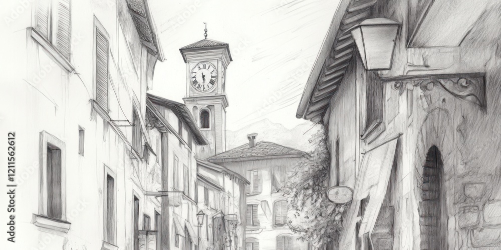 Obraz premium Pencil Sketch of a European Village Street Scene