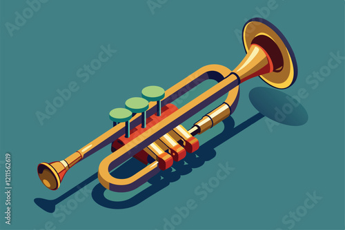 A beautifully designed jazz trumpet showcases bright colors and isometric styling against a teal background, Jazz trumpet Customizable Isometric Illustration