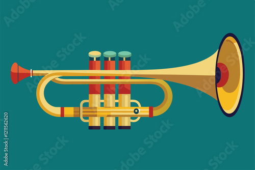 A colorful jazz trumpet showcases its sleek design against a flat backdrop, perfect for artistic inspiration in music, Jazz trumpet Customizable Flat Illustration