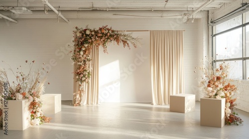 Autumnal wedding ceremony setup, modern loft, sunlight.  Use event planning photo