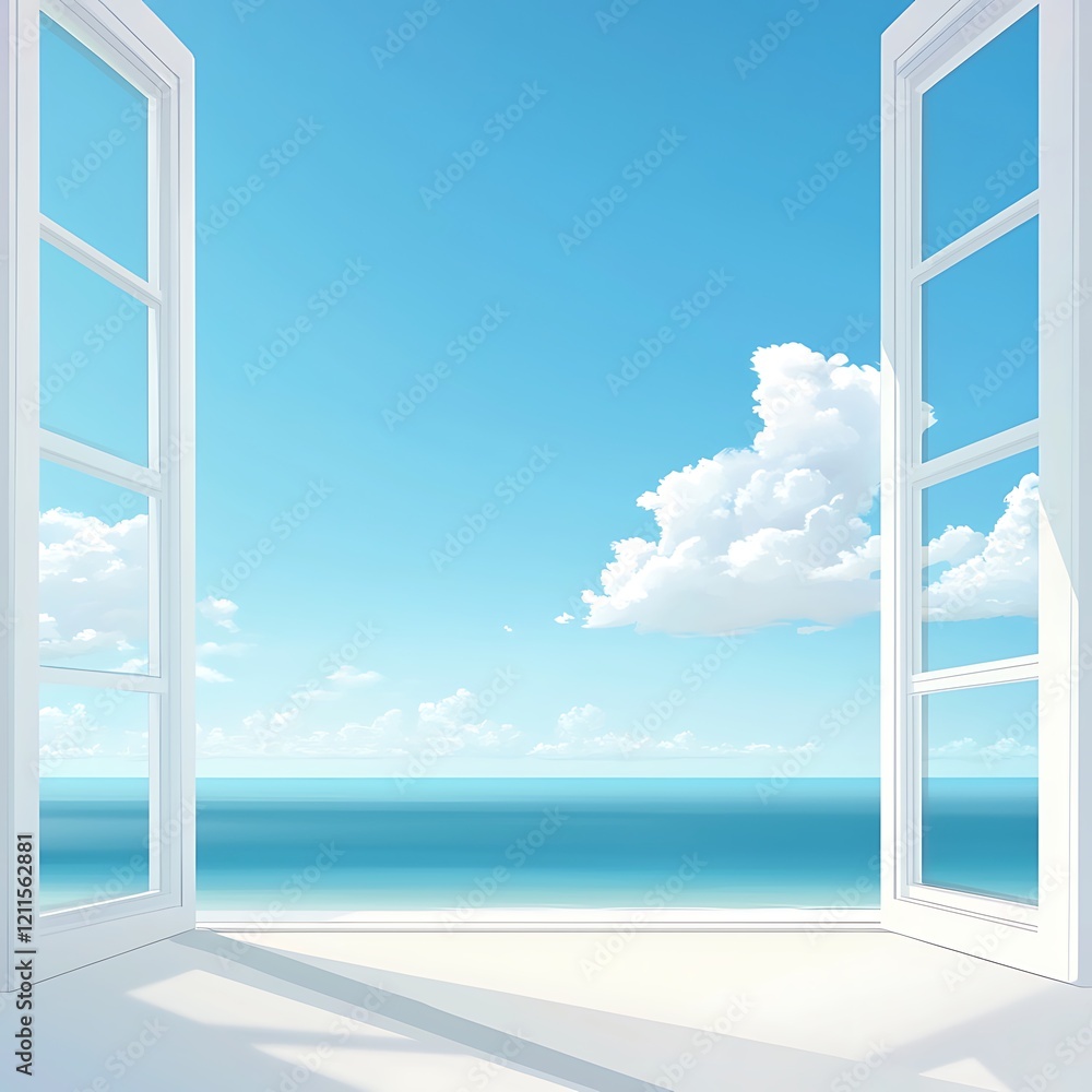 A beautiful ocean view from an open window, showcasing the calm sea and clear blue sky. Perfect for evoking feelings of tranquility and escape in any space. A beautiful ocean view from an open window, showcasing the calm sea and clear blue sky. Perfect for evoking feelings of tranquility and escape in any space.