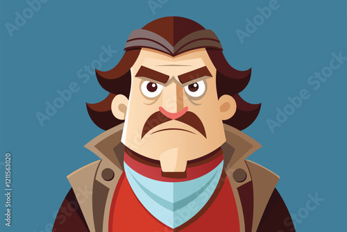 This customizable cartoon showcases a serious character with a mustache and stylish attire, perfect for illustrations, Jealous Customizable Cartoon Illustration