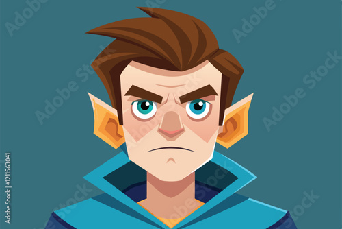 A character with large ears and a serious expression conveys jealousy and emotion in a vibrant, stylized portrayal, Jealous Customizable Disproportionate Illustration