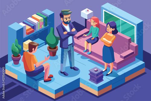 Four individuals engage in a heated discussion, showcasing their emotions in a cozy, contemporary living area, Jealous Customizable Isometric Illustration