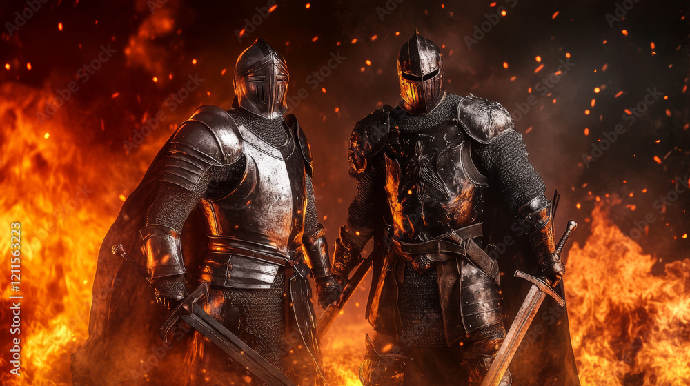 Fototapeta premium Heroic knights standing against dark warrior amidst flames, showcasing bravery and strength in fiery battle scene. atmosphere is intense and dramatic