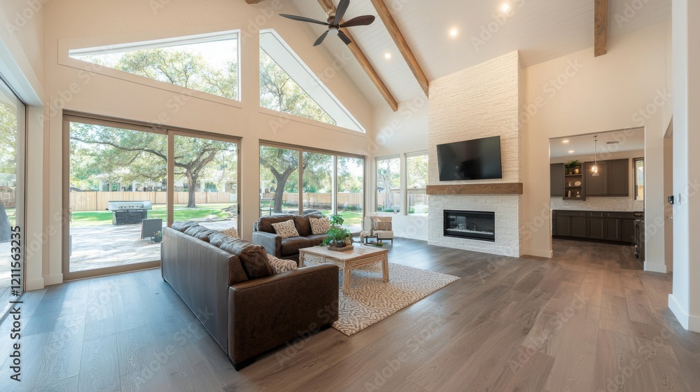 Fototapeta premium A modern, spacious living room with large windows, high ceilings, and stylish furniture, seamlessly blending indoor comfort with outdoor views.