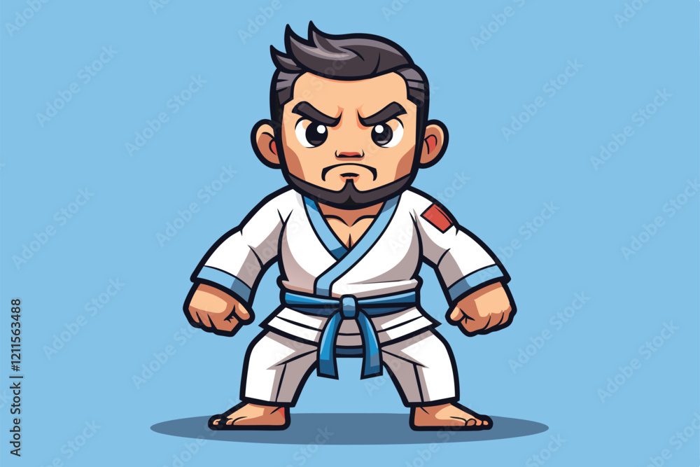 A cartoon character is demonstrating a strong stance in jiu jitsu attire, radiating confidence and readiness for action, Jiu jitsu Customizable Cartoon Illustration A cartoon character is demonstrating a strong stance in jiu jitsu attire, radiating confidence and readiness for action, Jiu jitsu Customizable Cartoon Illustration