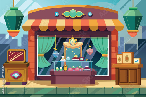 A colorful jewelry shop is displayed, showcasing customizable designs in an inviting urban environment, Jewelry shop Customizable Cartoon Illustration