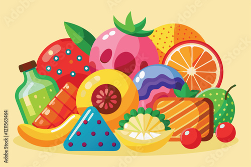 An enticing collection of jelly and fruit sweets arranged attractively, highlighting their appealing colors and shapes, Jelly and fruit sweets, Harmful but tasty food, unhealthy diet