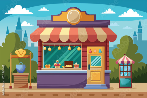 A charming cartoon jewelry shop showcases a variety of colorful jewelry options in a lively and inviting environment, Jewelry shop Customizable Cartoon Illustration