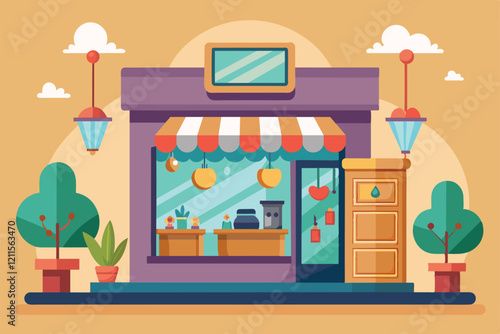 A charming jewelry shop with colorful decor showcases customizable jewelry options under bright hanging lights, Jewelry shop Customizable Flat Illustration