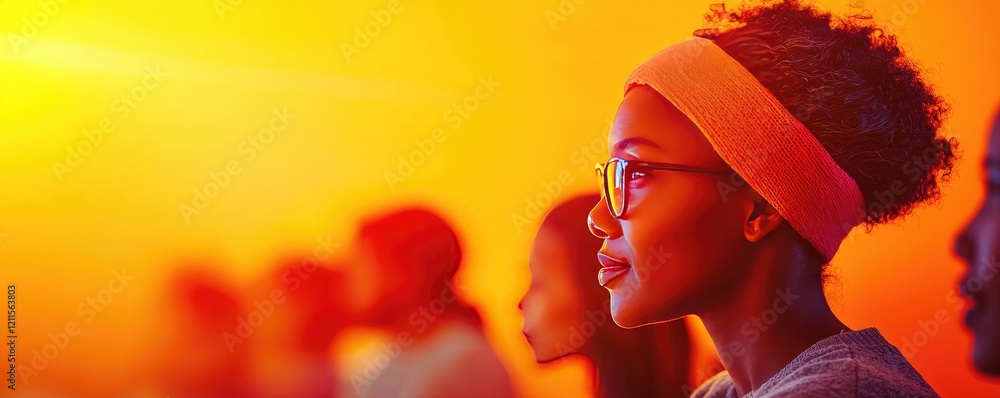 Naklejka premium Virtual classroom online idea. Contemplative woman in warm light, showcasing focus and tranquility during an event.