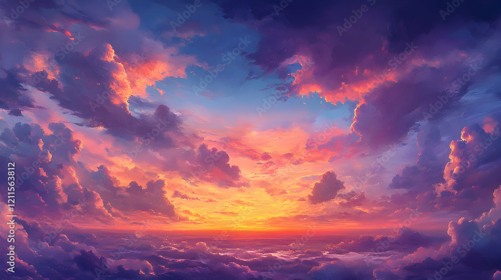 Fototapeta premium Heavenly Sunset Landscape: Vibrant Colors and Dramatic Cloudscape