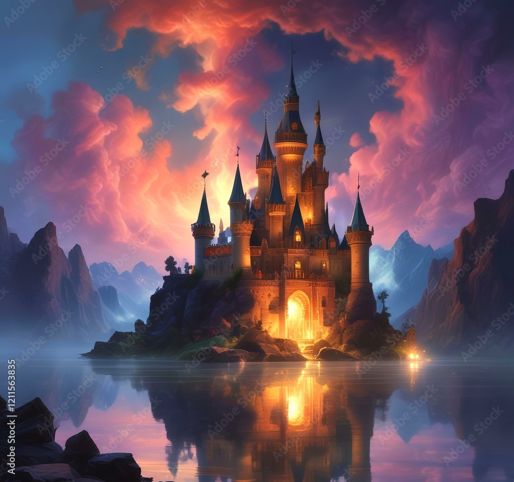 Naklejka premium Illustration of glowing mystery tower castle in night.
