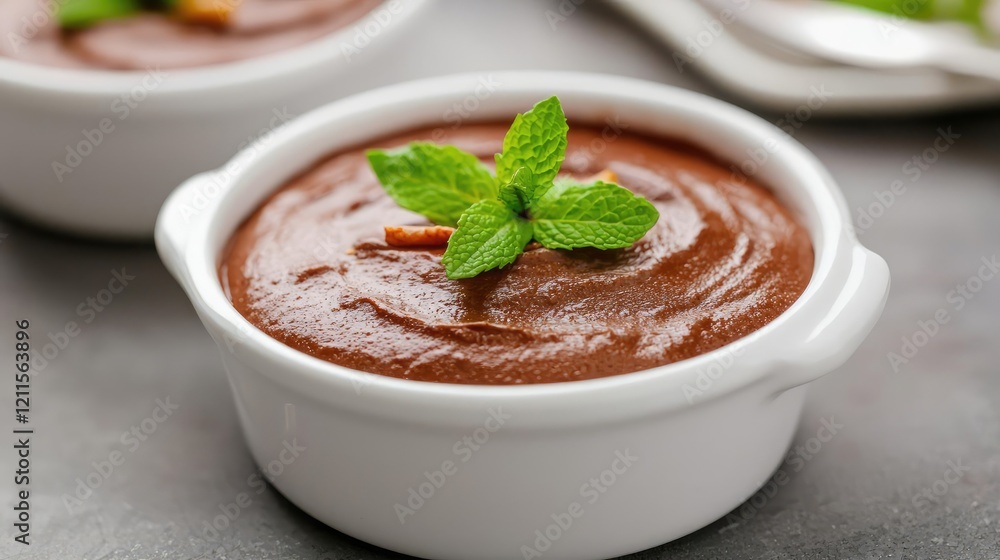 Plant based food idea. Delicious chocolate mousse topped with a mint leaf in a white bowl.