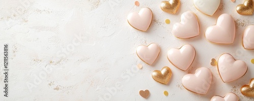 Gold and pink accented Valentine's geometric concept. Delicate heart-shaped cookies on a light background