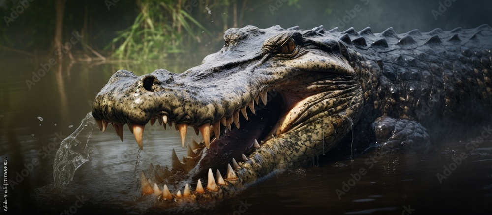 Naklejka premium Majestic alligator in murky water showcasing sharp teeth and textured scales amidst lush green vegetation in a natural wetland habitat.