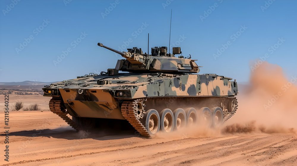Armored vehicle desert maneuver, dust cloud Armored vehicle desert maneuver, dust cloud