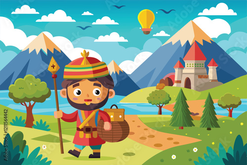 A happy traveler walks along a path, carrying a basket, surrounded by mountains and a castle under a bright sky, Journey Customizable Cartoon Illustration