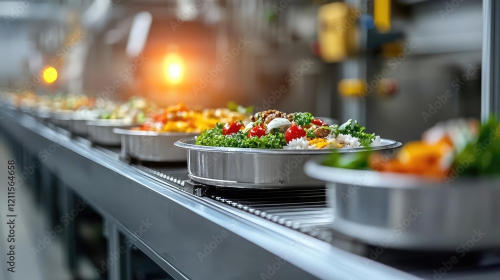 Food automation idea. A line of fresh dishes ready for serving in a modern kitchen environment. Food automation idea. A line of fresh dishes ready for serving in a modern kitchen environment.