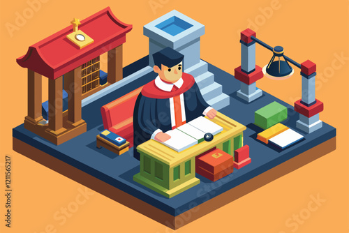 A judge stands at a colorful desk in a detailed isometric courtroom setting, surrounded by legal symbols and furniture, Judge Customizable Isometric Illustration