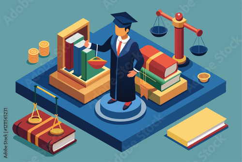A judge with legal books stands in a courtroom, surrounded by scales of justice and coins, Judge Customizable Isometric Illustration