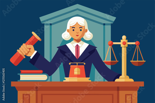 A judge in formal attire holds a gavel in a courtroom filled with legal books and a scale, Judge with gavel on tribune,
