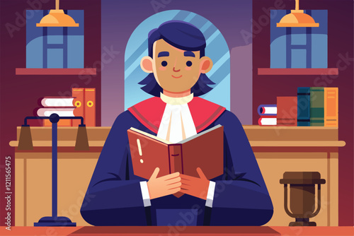 A judge reviews a law book while seated in a courthouse, preparing for a session, Judge with law book in courthouse