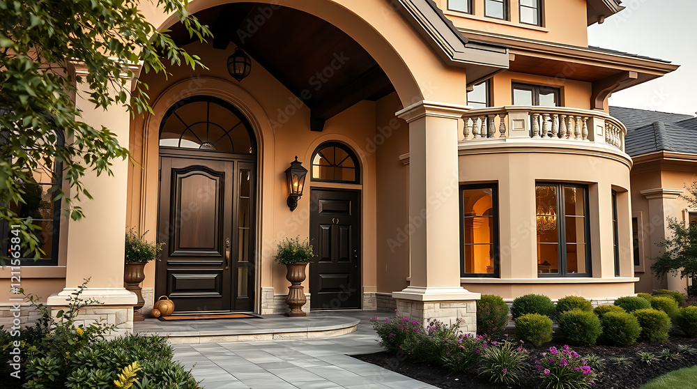 Luxury House Exterior: Elegant Home Design with Stone Facade and Landscaped Garden Luxury House Exterior: Elegant Home Design with Stone Facade and Landscaped Garden