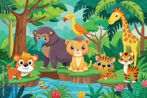 A group of jungle animals such as monkeys, lions, and giraffes plays by a stream in a vibrant, tropical setting, Jungle cartoon animals