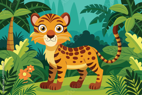 A playful cartoon tiger stands among vibrant jungle plants, surrounded by colorful flowers in a sunny atmosphere, Jungle cartoon wild animal