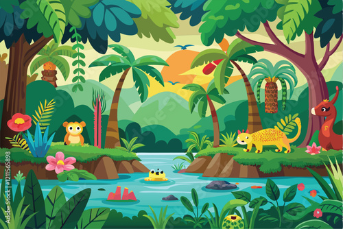 A lively jungle showcases various animals and lush vegetation around a calm river under a bright sky, Jungle flat cartoon background